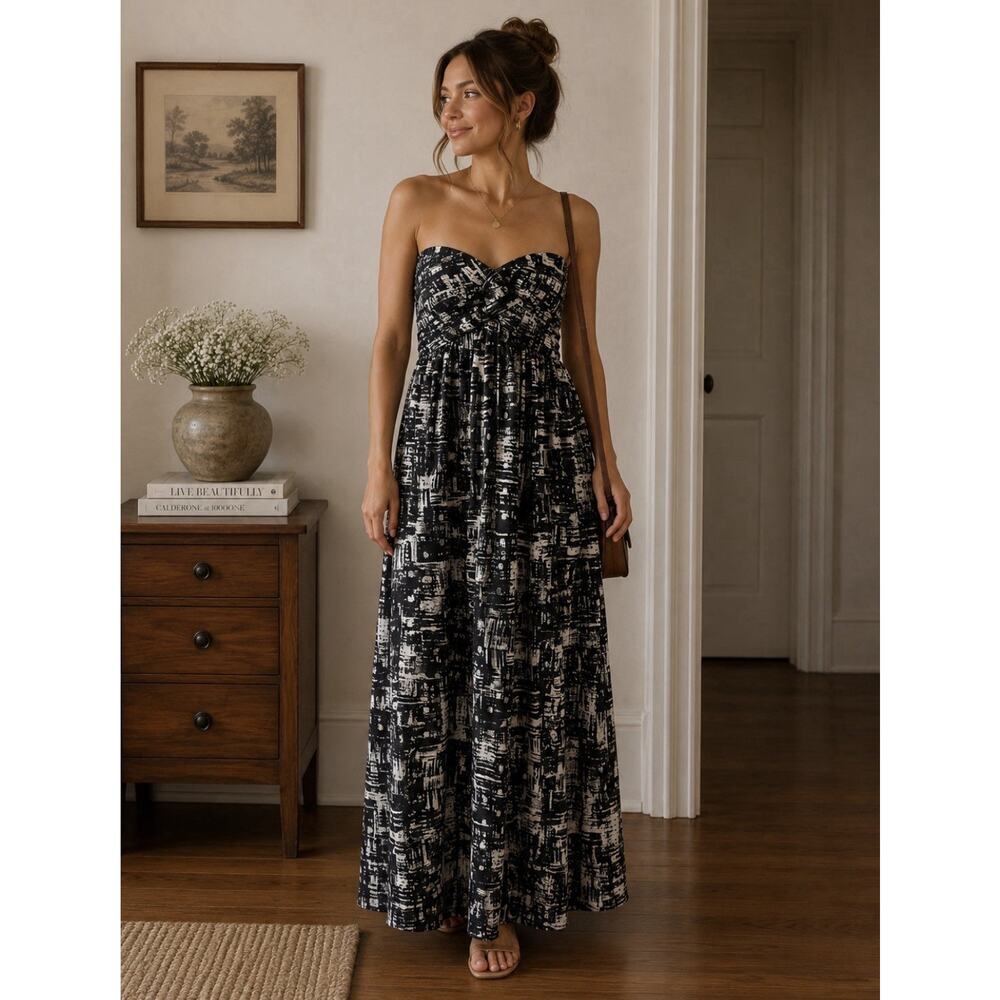 Calvin Klein Black White Strapless Maxi Dress Sz 10 Wired Bra See Measurements